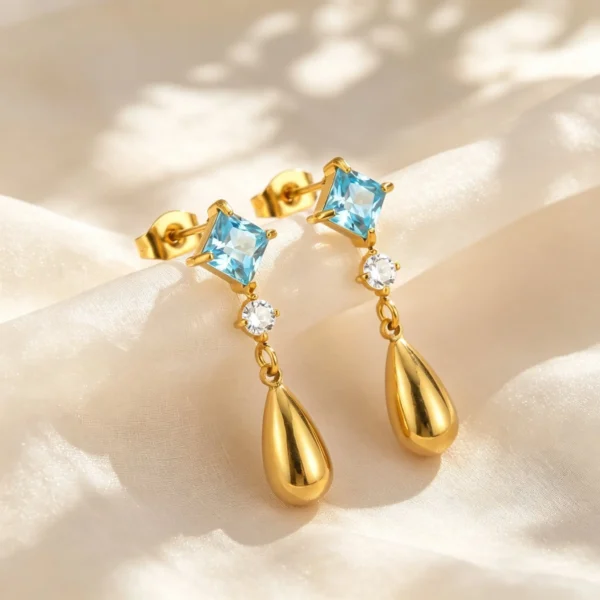 Luxury Shiny Blue Crystal Zircon Earrings for Women Stainless Steel Water Drop Dangle Earrings Fashion High Quality Jewelry