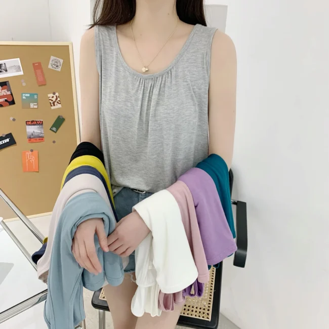 Summer Tank Tops Plus size O-neck Modal Pleated Camis wear inside Tee Tops sleeveless Casual Loose Top All match