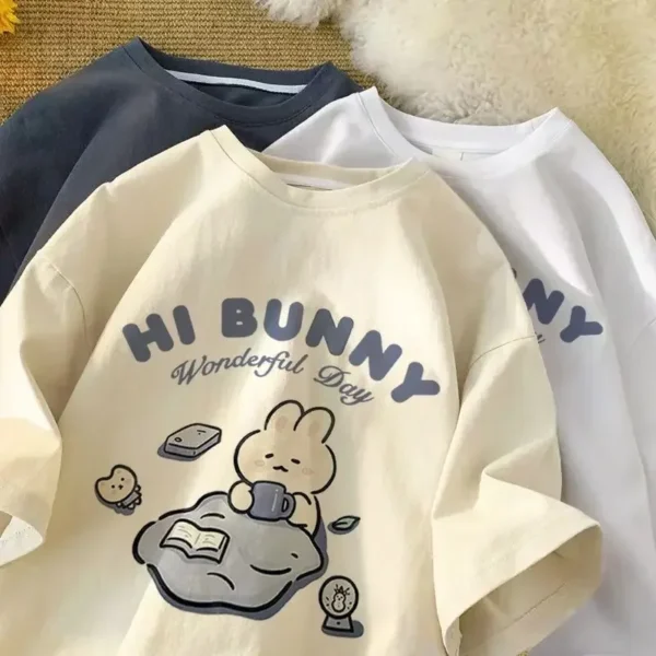 Cartton Hi Bunny Printed Women's T-shirt Cartoon Women Short Sleeved Female Tee Fashion Cute Tops Summer Casual Women's Clothing