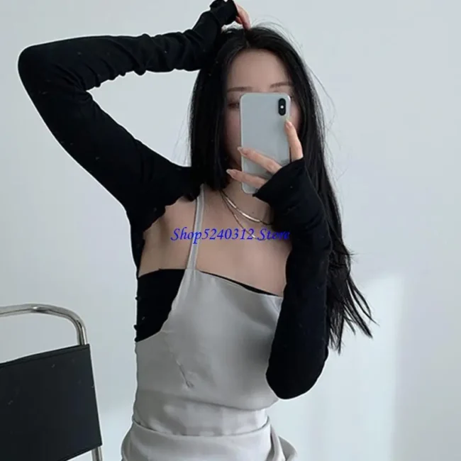 634C Women Thumbhole Long Sleeve Bolero Shrug Solid Color Open Front Cropped Cardigan Top Bodycon Fit Sunscreen for Jack