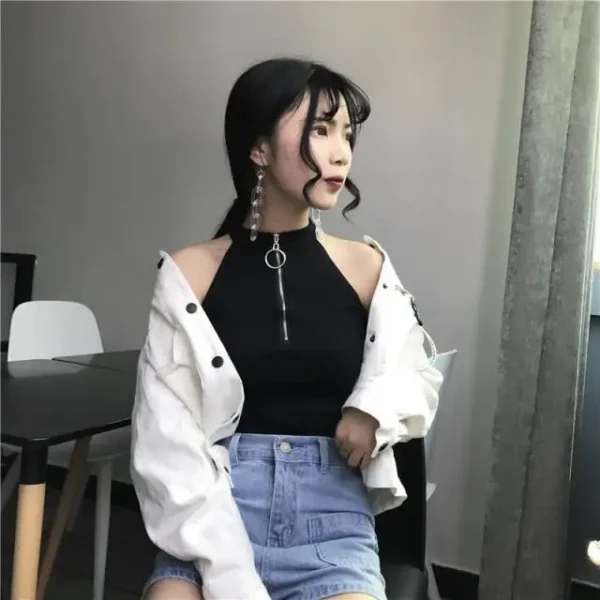 Summer New Korean Style Shoulder Bared Outwear Belly Show off Strapless Sleeveless Neck Hanging Base Tank Top for Students Hi...