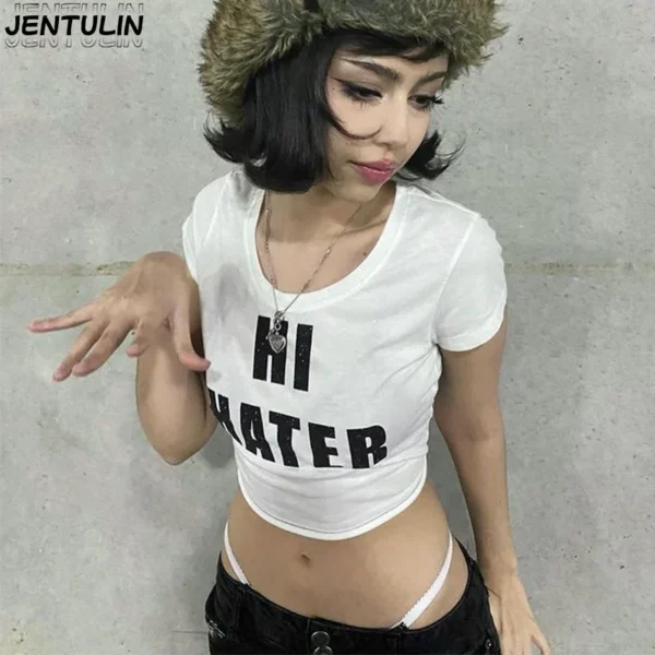 Y2K Clothes Aesthetic Hi Hater print T-shirt short sleeve Crop Tops Fashion Streetwear Slim Vintage Women Tshirt Kawaii baby tee