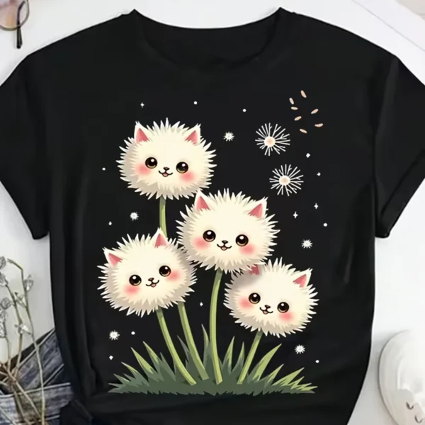 Casual and Fashionable Cute Cat and Dandelion Print T-Shirt. Adorable Kitten Pattern Short-Sleeved Shirt, Suitable for Home Leisure, Outdoor Wear, or as a Thoughtful Gift. Ideal Choice for Christmas, Valentine's Day, or Birthdays