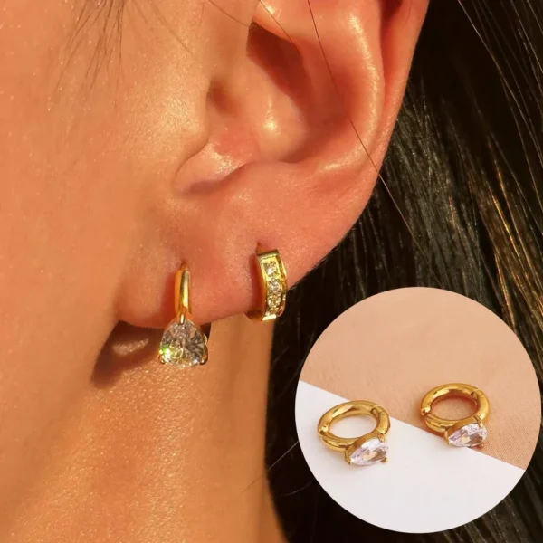 2024 New Gold Color Stainless Steel Waterdrop Zircon Earring Punk Fashion Trendy Waterproof Jewelry For Women