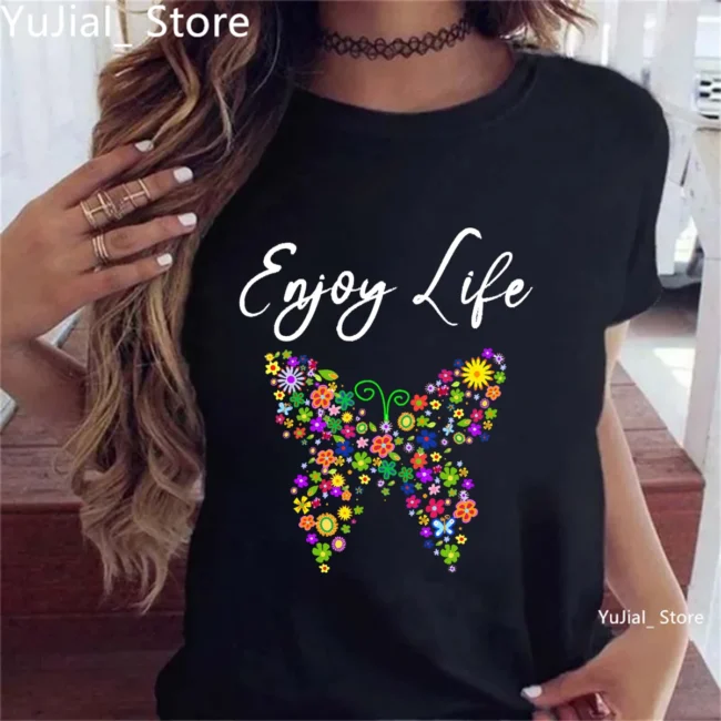Enjoy Life Rainbow Butterfly Flowers Printed T Shirt Women Free As A Butterfly Fashion Summer Tshirt Girls Kawaii Clothes