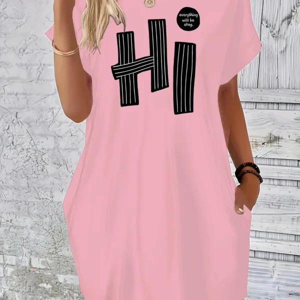 Women's summer loose and personalized HI letter pattern printed round neck short sleeved pocket comfortable casual dress